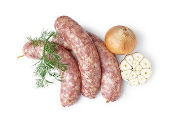 Raw fresh sausages, dill, onion and garlic on white background