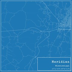 Blueprint US city map of Meridian, Mississippi.