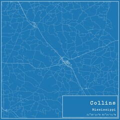 Blueprint US city map of Collins, Mississippi.