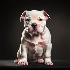 White and pink pocket bully puppy in dark background