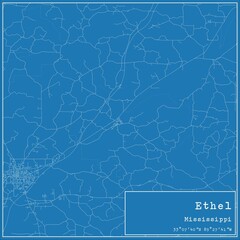 Blueprint US city map of Ethel, Mississippi.