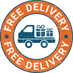 free delivery on all orders vector, free delivery stamp,  free delivery flat, free delivery truck, banner, transportation, parcel icon, badge, courier service vector illustration with grunge texture