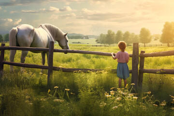 Rural summer countryside landscape illustration with a horse on a pasture and a child in front of the wooden fence, created with generative ai - obrazy, fototapety, plakaty