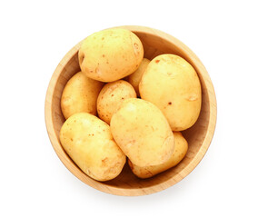 Wooden bowl with raw baby potatoes on white background