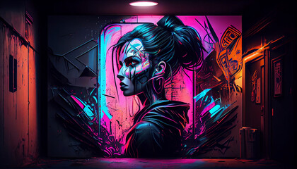 New neon cyberpunk wall art graffiti concept background Ai generated image