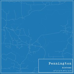 Blueprint US city map of Pennington, Alabama.