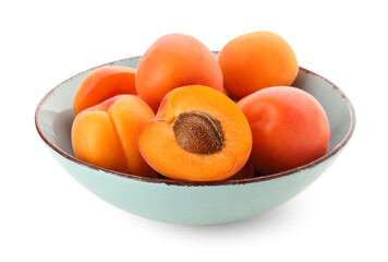 Bowl with ripe apricots isolated on white background