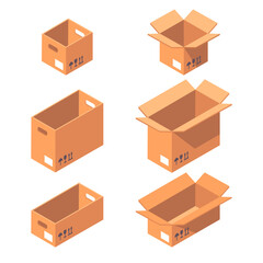 Open cardboard box. Carton boxes, shipping and delivery packages. Cardboard boxes flat vector illustration set