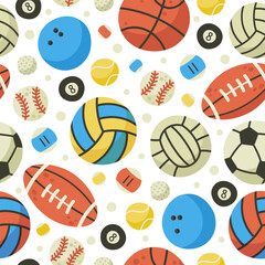 Sport balls seamless pattern. Basketball, rugby ball, football and volleyball games equipment flat vector background illustration