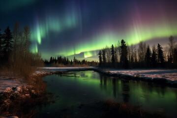 Fototapeta premium Aurora landscape with northern lights, generative ai