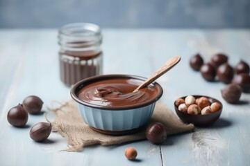 Fototapeta premium Bowl chocolate hazelnut dessert. Generate Ai