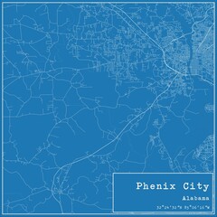 Blueprint US city map of Phenix City, Alabama.