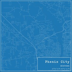 Blueprint US city map of Phenix City, Alabama.