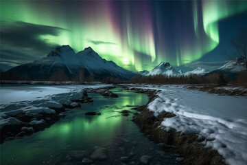 Naklejka premium Aurora landscape with northern lights, generative ai