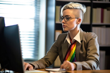 Powerful portrait of office worker, woman, LGBTQ acceptance, generative AI