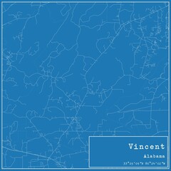 Blueprint US city map of Vincent, Alabama.