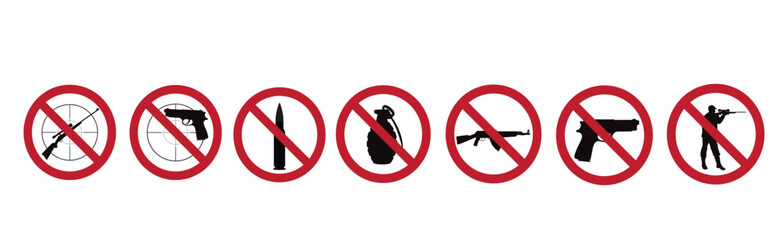 Set of vector silhouettes of no gun sign on white background. Prohibition symbol.