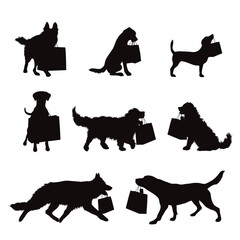 Set of vector silhouettes of dog with shopping bag on white background.