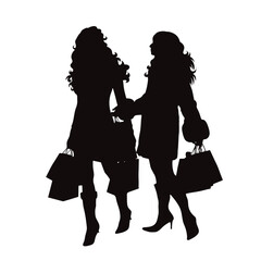 Vector silhouettes of couple of shopping women on white background. - 611965278