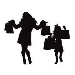 Vector silhouette of shopping woman with daughter on white background.