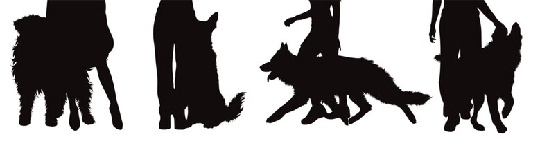 Set of vector silhouettes of woman with her happy dog on white background.
