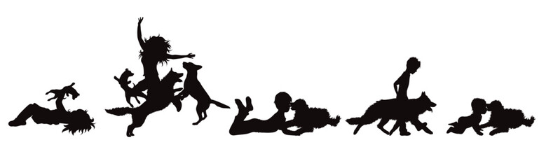 Set of vector silhouettes of children with his happy dog on white background.