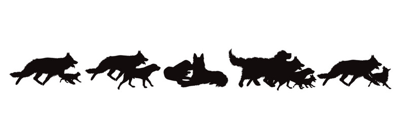 Set of vector silhouettes of different dogs on white background.