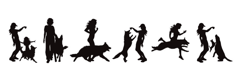Set of vector silhouettes of woman with her happy dog on white background. - 611965442
