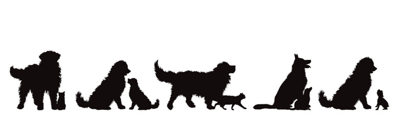 Set of vector silhouettes of different dogs on white background.