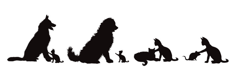 Set of vector silhouettes of dogs and cats on white background.