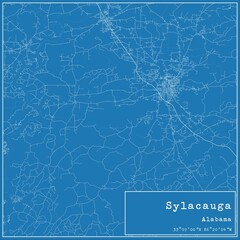 Blueprint US city map of Sylacauga, Alabama.