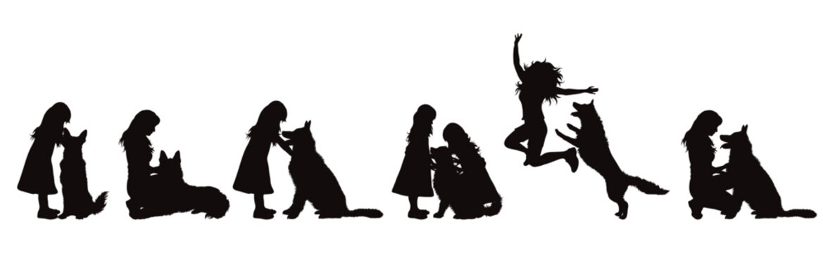 Set of vector silhouettes of girl with her happy dog on white background.