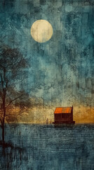 Mysterious and mystical seaside landscape, grunge style poster. AI generated.