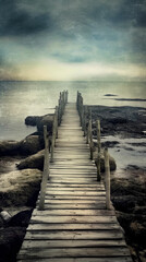 Obraz premium Mysterious and mystical seascape with a rocky cliff and an old wooden bridge, grunge style poster. AI generated.