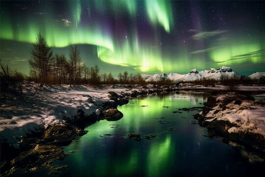 Aurora landscape with northern lights, generative ai © elchinarts