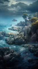 Obraz premium Mysterious and mystical seaside landscape, grunge style poster. AI generated.