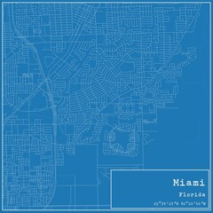 Blueprint US city map of Miami, Florida.