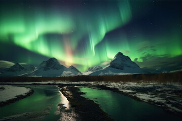 Fototapeta na wymiar Aurora landscape with northern lights, generative ai