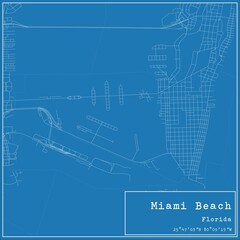 Blueprint US city map of Miami Beach, Florida.
