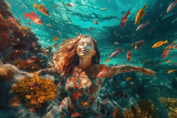 Obraz na płótnie Canvas Young woman joyfully diving into turquoise waters of tropical ocean, surrounded by colorful marine life. Generative AI