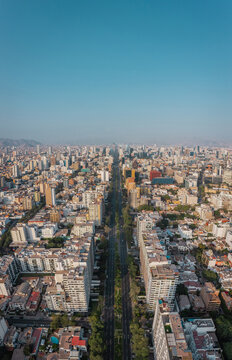 Panoramic view of skyline in San Isidro district. Aerial view from a drone of Av Javier Prado.