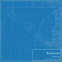 Blueprint US city map of Hialeah, Florida.