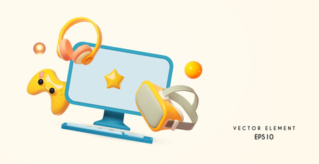 Computer, VR helmet, headphones, joystick and smartphone. Online gaming concept © feaspb