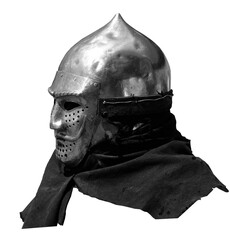 Profile of a knight in a metal helmet.