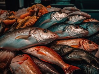 Fresh ocean fish and seafood at the fish market Close up Top view created with Generative AI technology