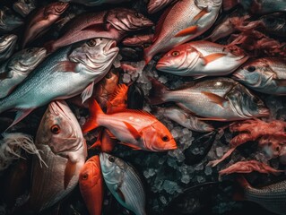 Fresh ocean fish and seafood at the fish market Close up Top view created with Generative AI technology