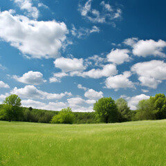 Peaceful field of grass surrounded by trees with beautiful blue sky above. 