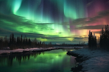 Fototapeta premium Aurora landscape with northern lights, generative ai 