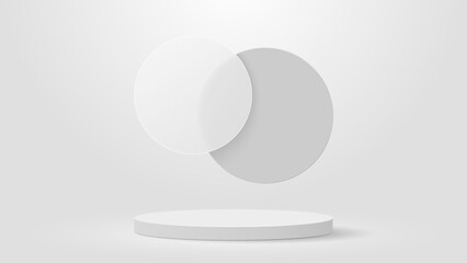 White 3D podium with circle floating overlap. Vector illustration. Eps10