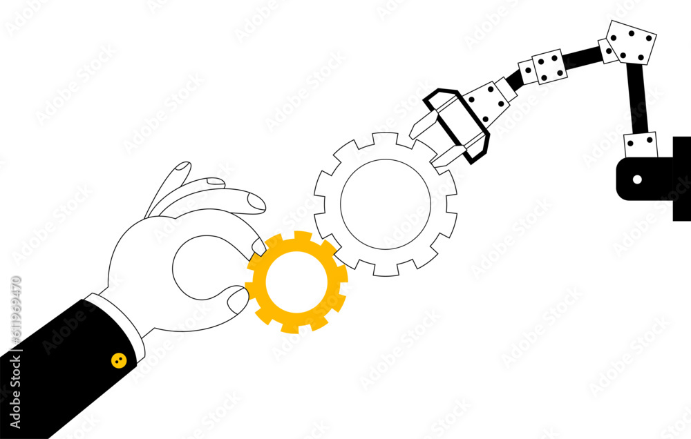 Aufkleber a human hand and a robot hand assemble parts of a mechanism. artificial intelligence and humans work